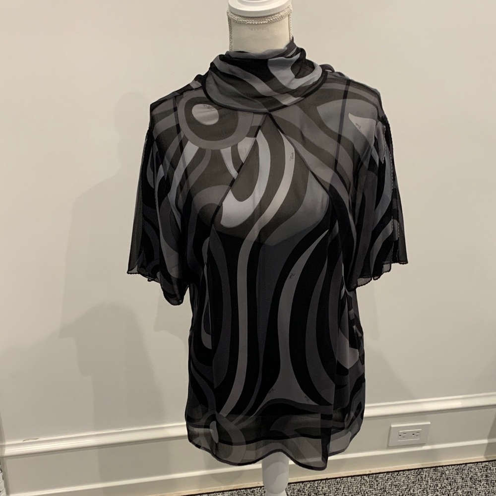 Emilio Pucci Black and Gray Sheer Patterned Short-Sleeve Top
